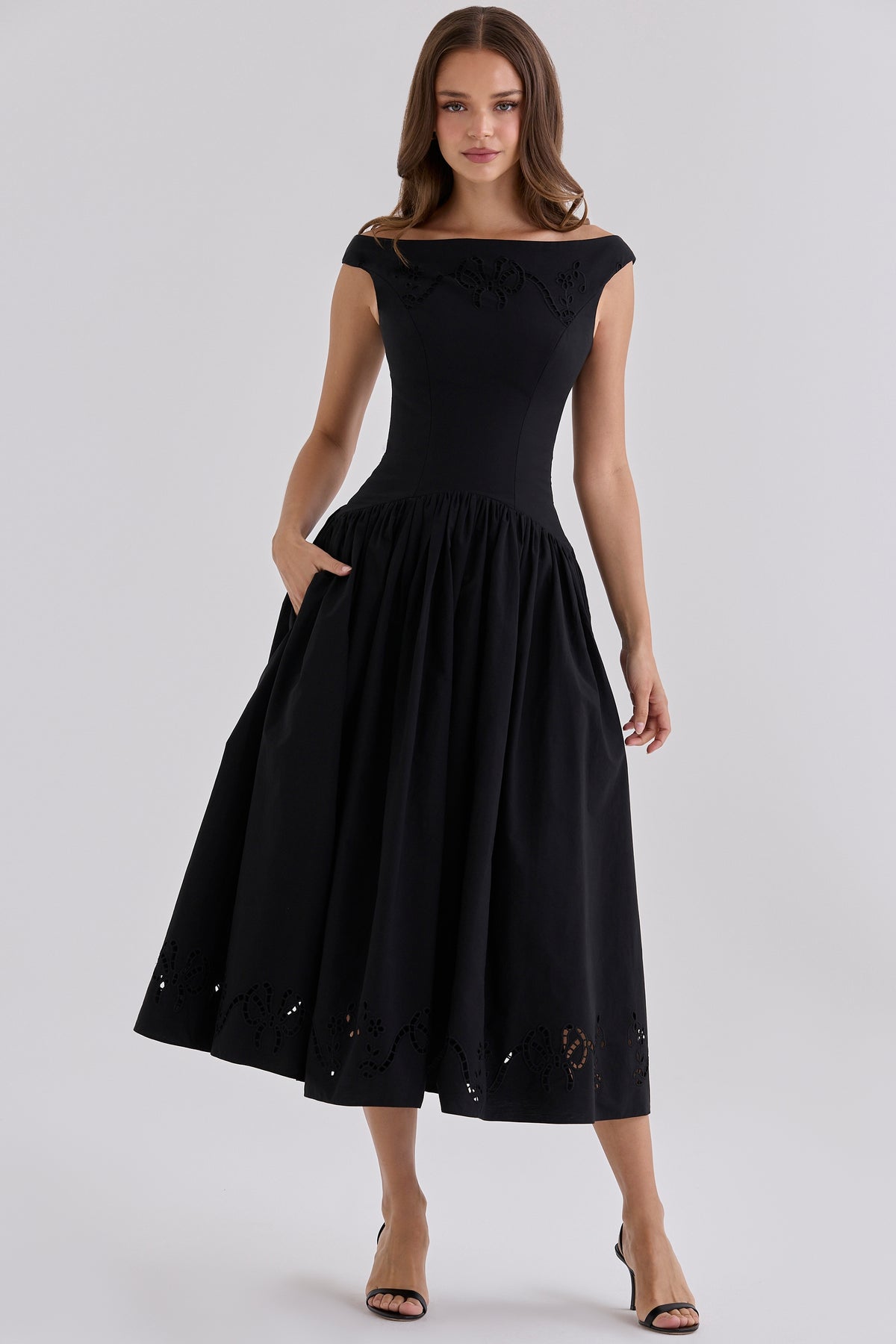 Black Custom Cotton Broderie Anglaise Boat Neck Maxi Dress