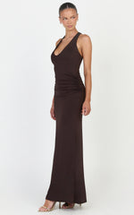 Sophie Maxi Dress - Plunge Neckline Ruched Waist Racer Back Dress in Chocolate