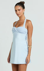 Flynn Mini Dress - Satin Halter Sweetheart Neck Dress in Blue
