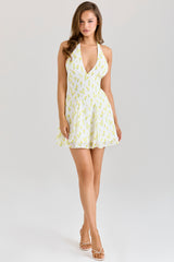 Lemon Floral Print Georgette Halter Neck Mini Dress