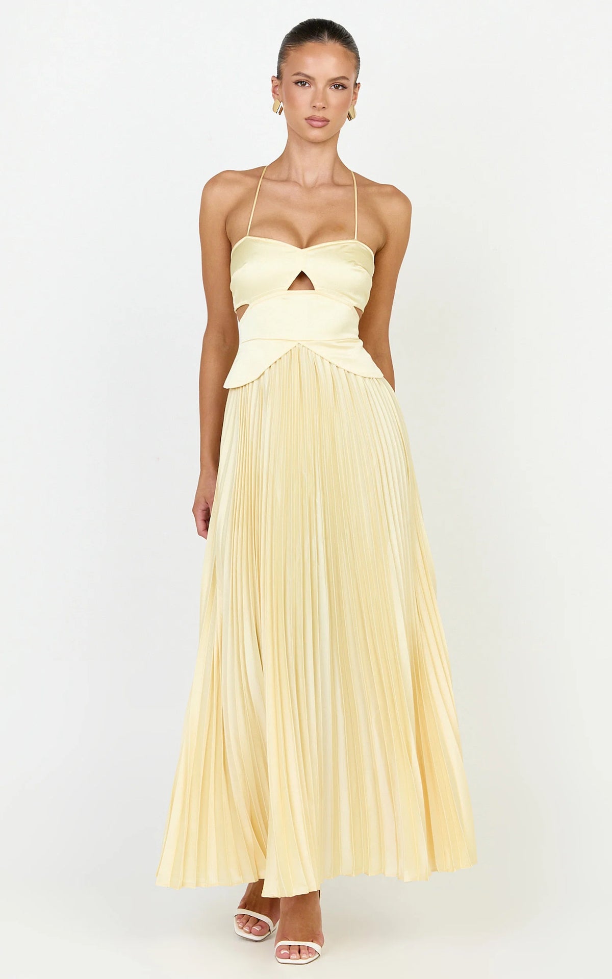 Shay Maxi Dress - Sweetheart Cut Out Pleated Dress in Lemon