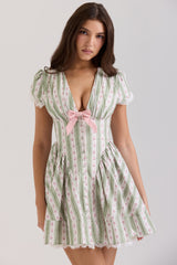 Green Stripe Floral Print Stretch Cotton Mini Dress
