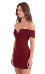 Off-Shoulder Embellished Mini Dress in Burgundy
