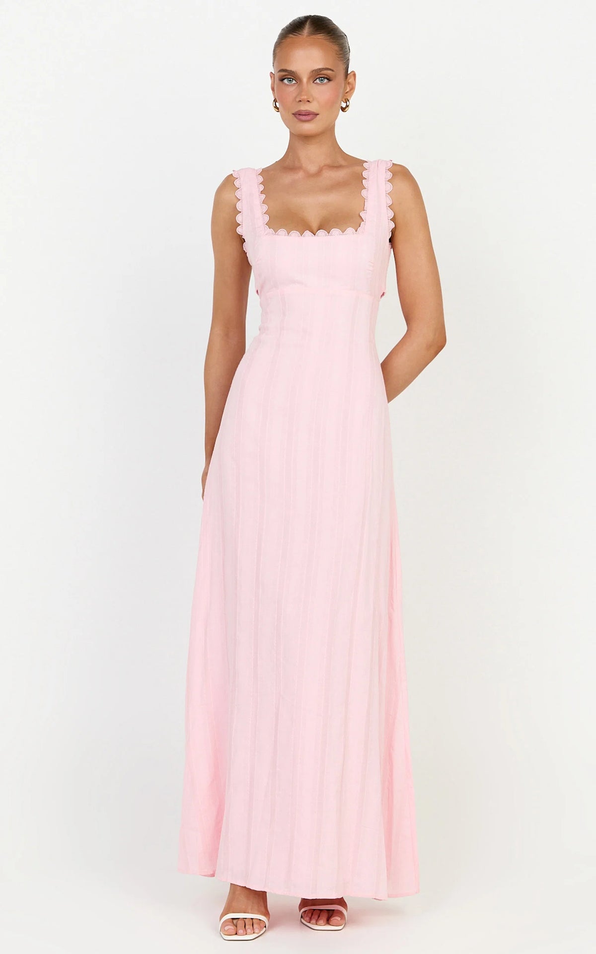 Roxanne Midi Dress - Square Neck Fit And Flare Dress in Pink