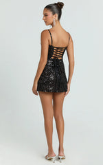 Holland Mini Dress - Sequin Sweetheart Neck Leg Split Dress in Black