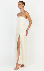 Brielle Maxi Dress - Strapless Gathered Fit & Flare Lace Dress in Champagne
