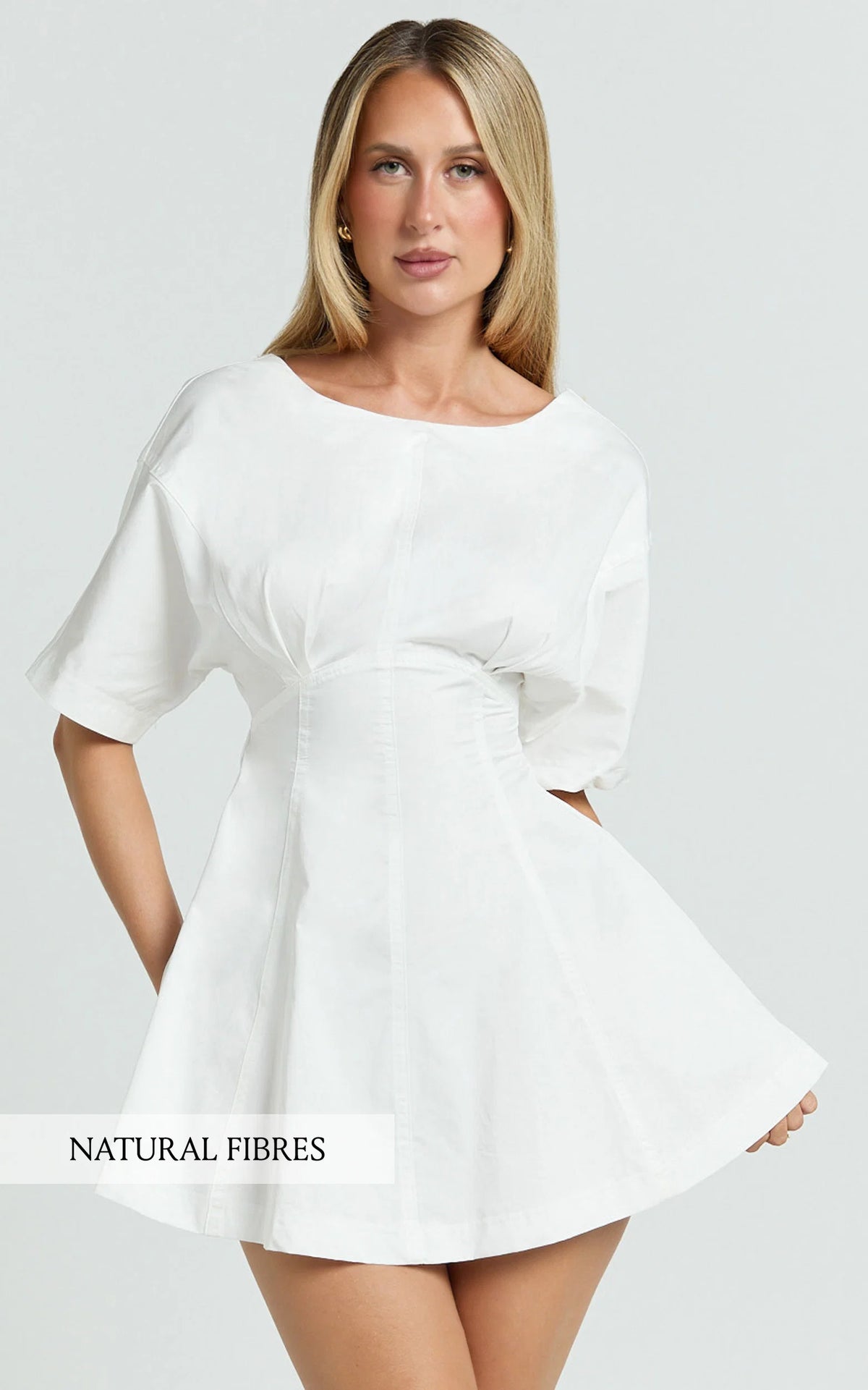 Dylan Mini Dress - High Boatneck Sleeved Fit And Flare Skirt Dress in White