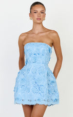 Maristella Mini Dress - Strapless Lace Up Back A Line Dress in Blue