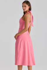 Raspberry Cotton Halter Neck Midi Dress
