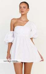 Sula Mini Dress - Asymmetric Off One Shoulder Puff Sleeve Dress in White