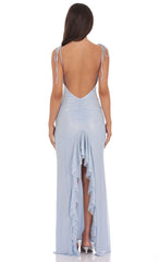 Foil Back Ruffle Maxi Dress in Sky Blue