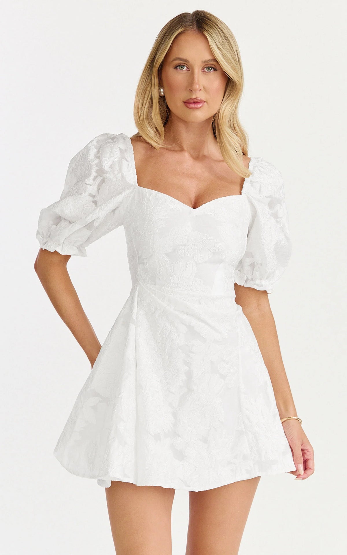 Brailey Mini Dress - Puff Sleeve Fit and Flare Dress in White