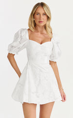 Brailey Mini Dress - Puff Sleeve Fit and Flare Dress in White