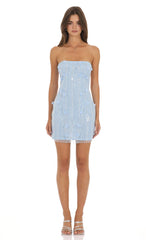 Strapless Floral Sequin Mini Dress in Light Blue
