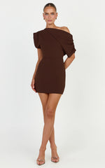 Nalfie Mini Dress - Tipped Shoulder Jersey Drape Dress in Chocolate