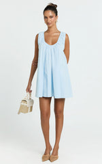 Lucinda Mini Dress - Deep U Gathered Neck Smock Dress in Pale Blue