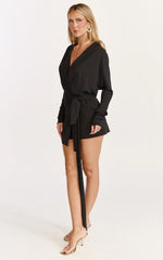 Tash Mini Dress - Long Sleeve Plunge Wrap Dress in Black