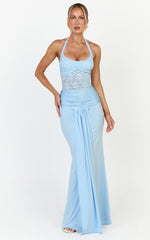 Melville Maxi Dress - Lace Bodice Draped Front Halter Dress in Blue