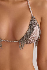 Animal Print Fringed Embellished Triangle Tie Up Bikini Top