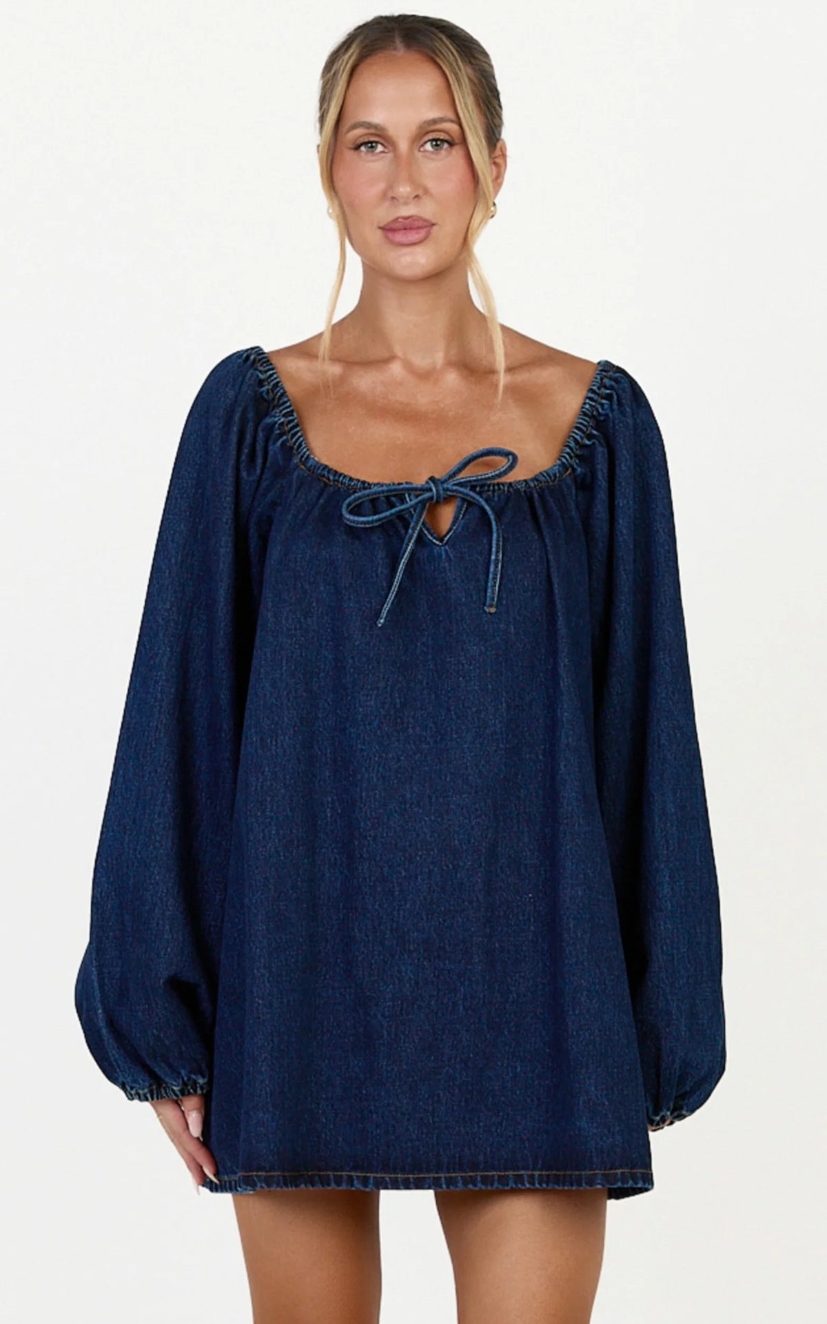 Zaria Mini Dress - Tie Detail Long Sleeve Smock Dress in Dark Blue Wash