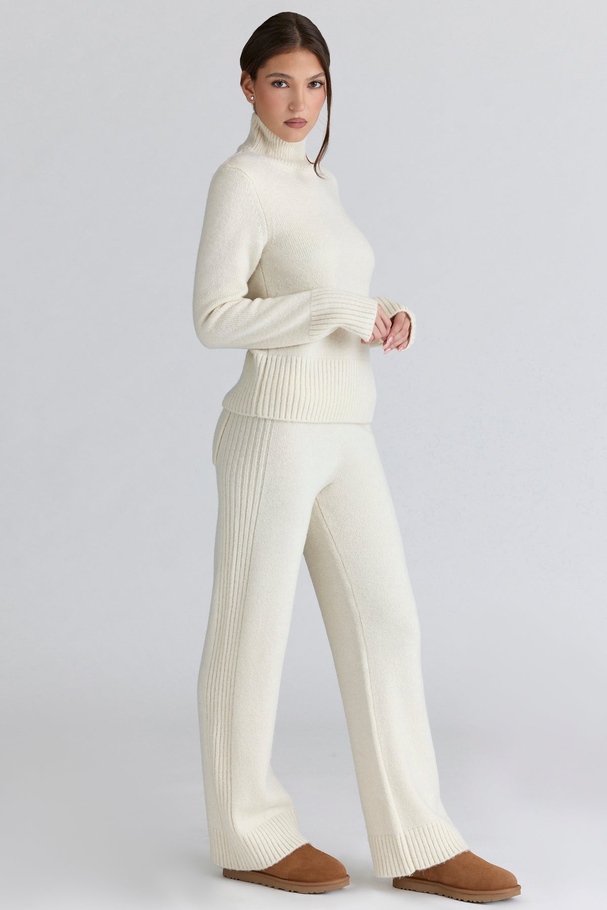 Ivory Merino Wool Ribbed Knit Trousers