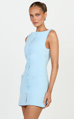 Adela Mini Dress - Mock Button Thru Boat Neck Dress in Baby Blue