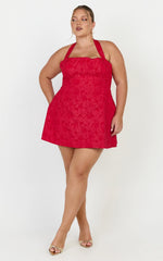 Gabbie Mini Dress - Jacquard Halter Fit And Flare Dress in Red