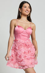 Jovi Mini Dress - Sweetheart Embroidery Rosette Detail Dress in Pink