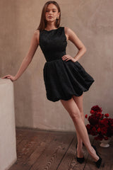 Black Backless Embroidered Mini Puffball Dress