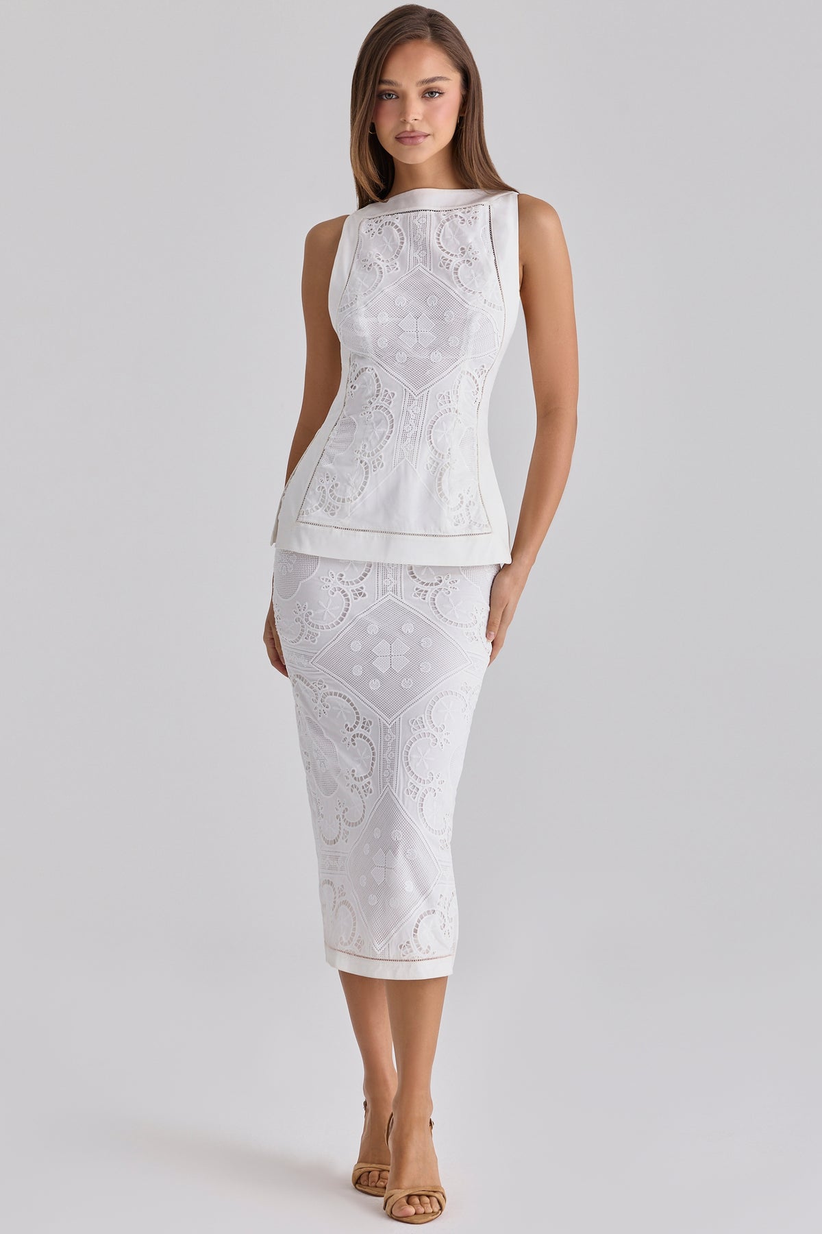 White Cotton Placement Lace Broderie Anglaise Midi Skirt