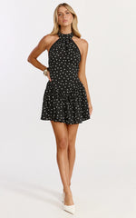 Ruby Mini Dress - Halter Neck Tie Drop V Waist  Gathered Dress in Black Polka Dot Print