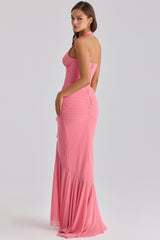 Raspberry Mesh Halter Neck Waterfall Maxi Dress