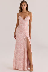 Blush Floral Crystal-embellished Lace Trim Maxi Dress