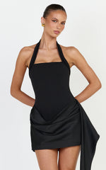 Coralie Mini Dress - Contrast Drape Skirt Halter Dress in Black