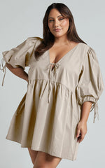Rosita Mini Dress - Tie Front Puff Sleeve Dress in Stone