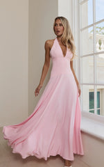 Poppy Maxi Dress - Contrast Skirt Deep Plunge Halter Dress in Soft Pink