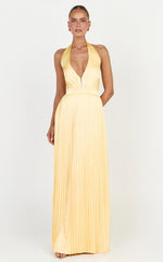 Kayla Maxi Dress - Plunge Neckline Pleated Halter Dress in Butter Yellow