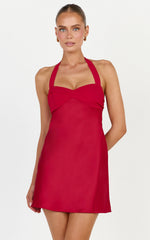 Flynn Mini Dress - Satin Halter Sweetheart Neck Dress in Red