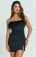 Rhaiza Mini Dress - Faux Feather Trim Strapless Dress in Black