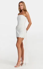 Summer Mini Dress - Lace Corset Bodice Mini Dress With Lace Up Back And Hip Drape Detail in White