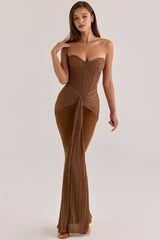 Bronze Shimmer Chiffon + Mesh Strapless Maxi Dress