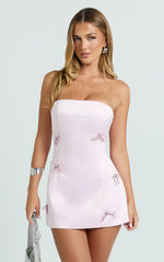 Alina Mini Dress - Strapless Diamonte Bow A Line Dress in Pink