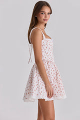 White Rose Print Cotton Corset Mini Dress