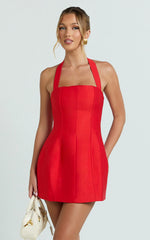 Lucie Mini Dress - Halter Neck Tulip Dress in Red