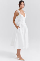 White Pin Tuck Cotton Midi Sundress