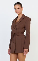 Harlee Mini Dress - Belted Cinch Waist Blazer Dress in Mocha