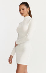 Ruby Mini Dress - High Neck Long Sleeve Dress in Off White