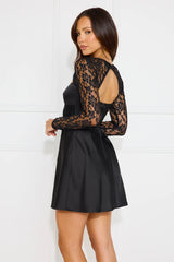 Magnificent Poise Lace Long Sleeve Satin Mini Dress Black