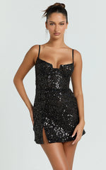 Holland Mini Dress - Sequin Sweetheart Neck Leg Split Dress in Black
