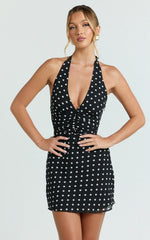 Sybil Mini Dress - Plunge Halter Low Back A Line Dress in Black Polka Dot